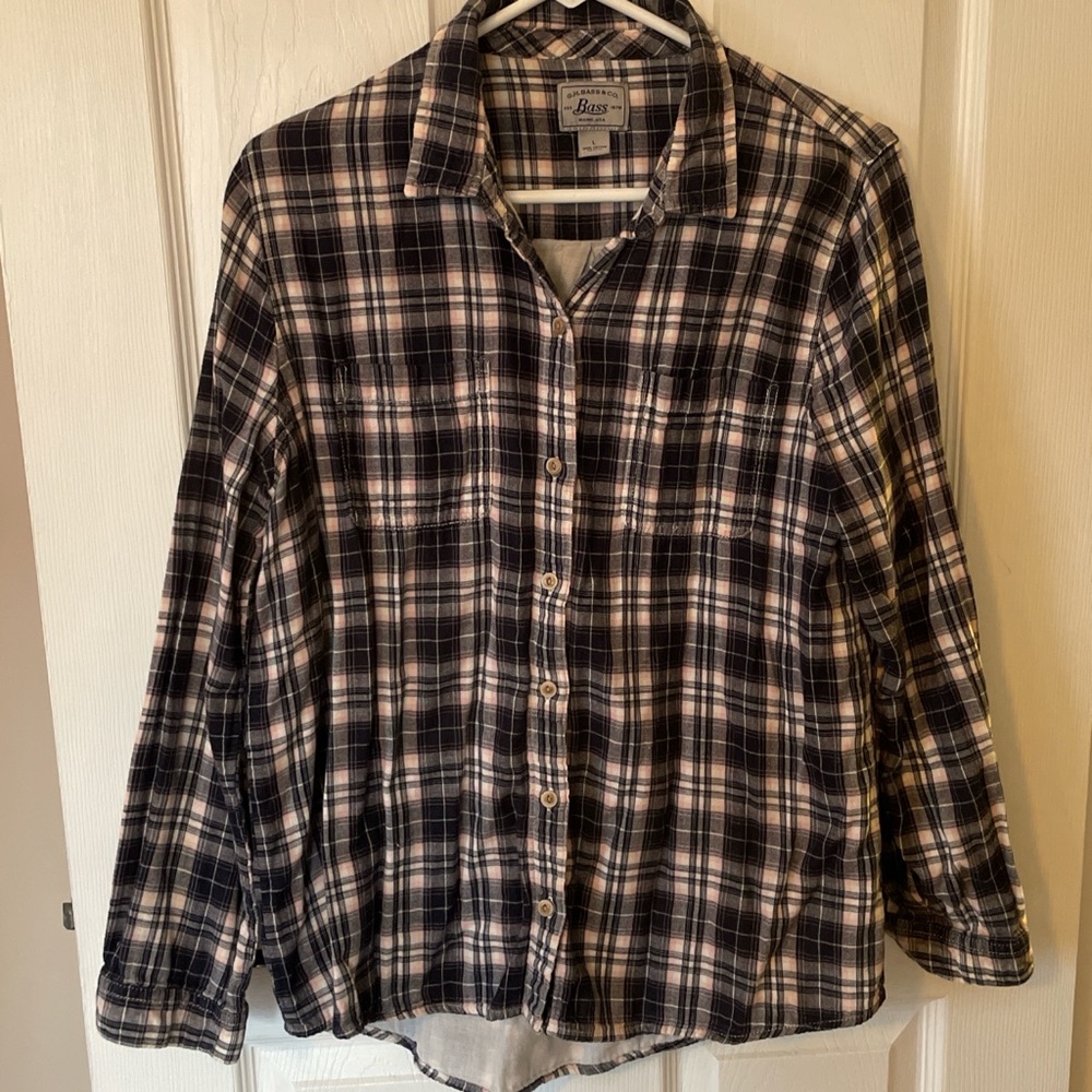 Eddie Bauer navy and pink Plaid Button Down Shirt